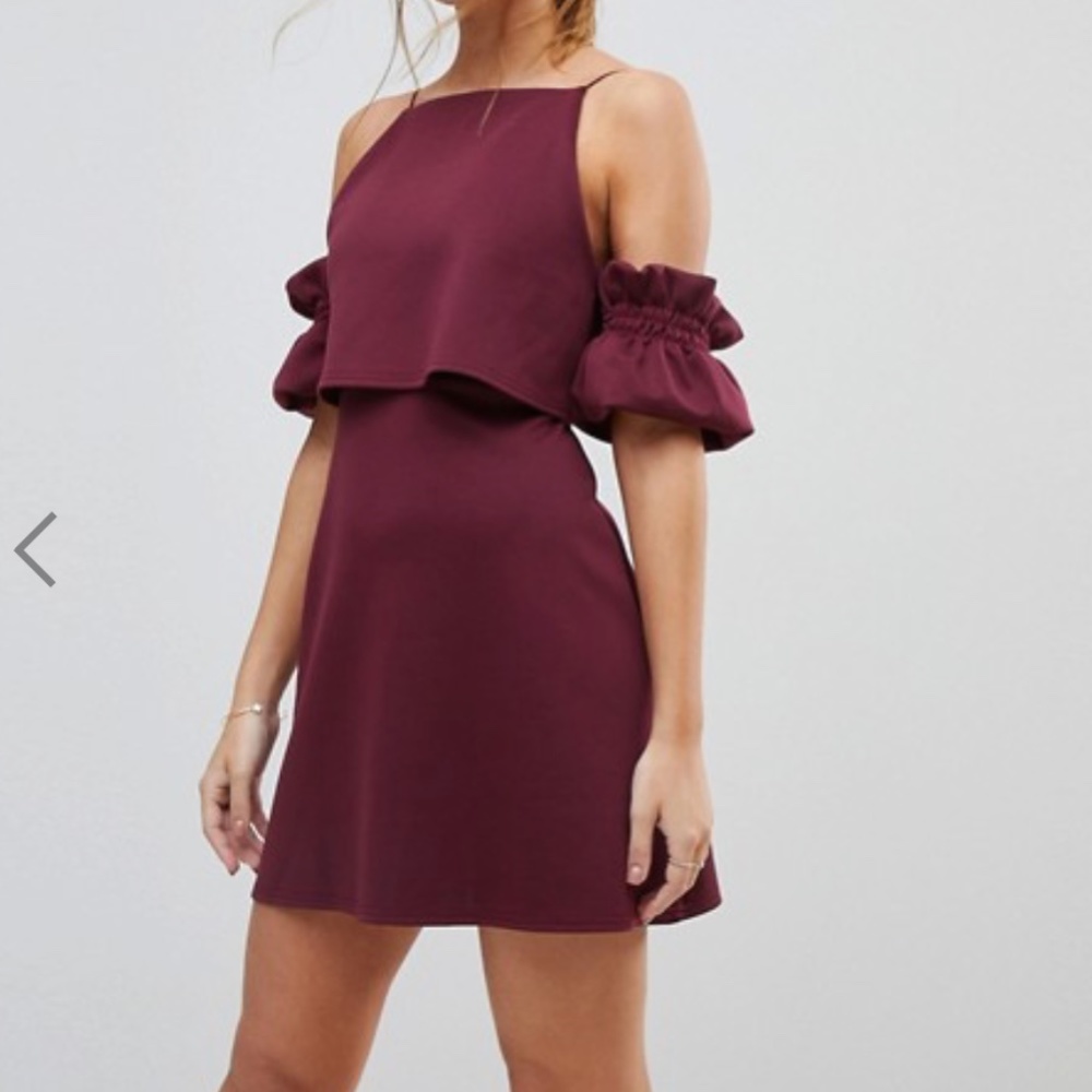 PETITE BURGUNDY BARDOT DRESS OFF SHOULDER